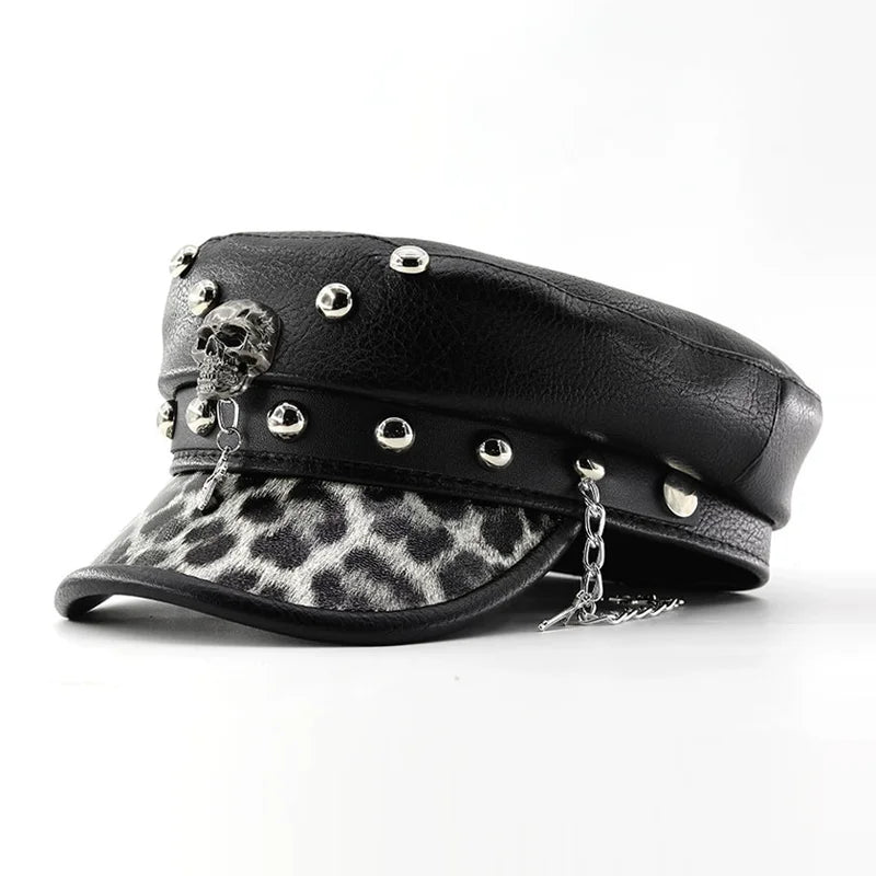Women's Punk PU Leather Beret | Vintage Flat Top Military Cap for Outdoor & Casual Wear