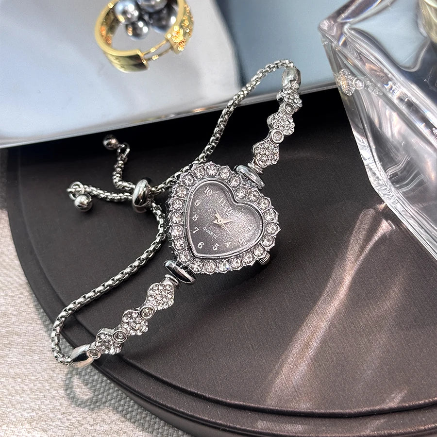 Women's Heart-Shaped Ribbon Strap Diamond Watch | Adjustable Bracelet Fashion Wristwatch