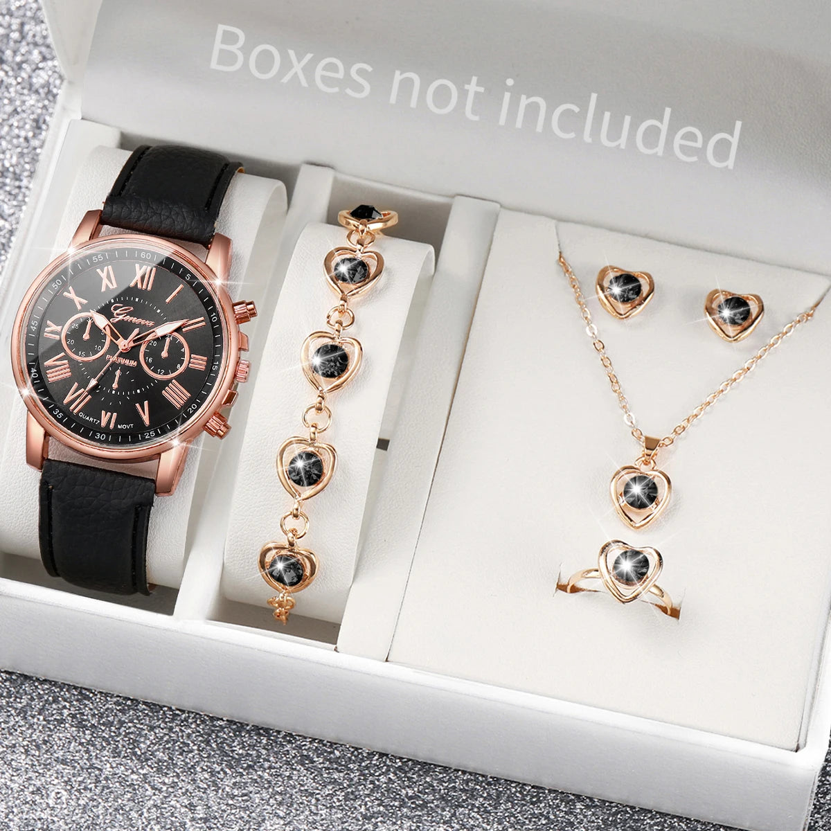 Women's Fashion Quartz Watch & Jewelry Set | 5/6pcs Heart Rhinestone Leather Band Wristwatch