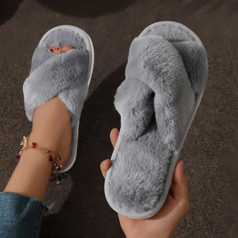 Cross Strap Fluffy Fur Slides for Women