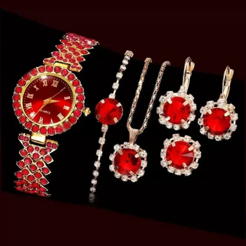 Women's 6PCS Elegant Jewelry & Watch Set | Blue Rhinestone Quartz Wristwatch with Fashion Accessories