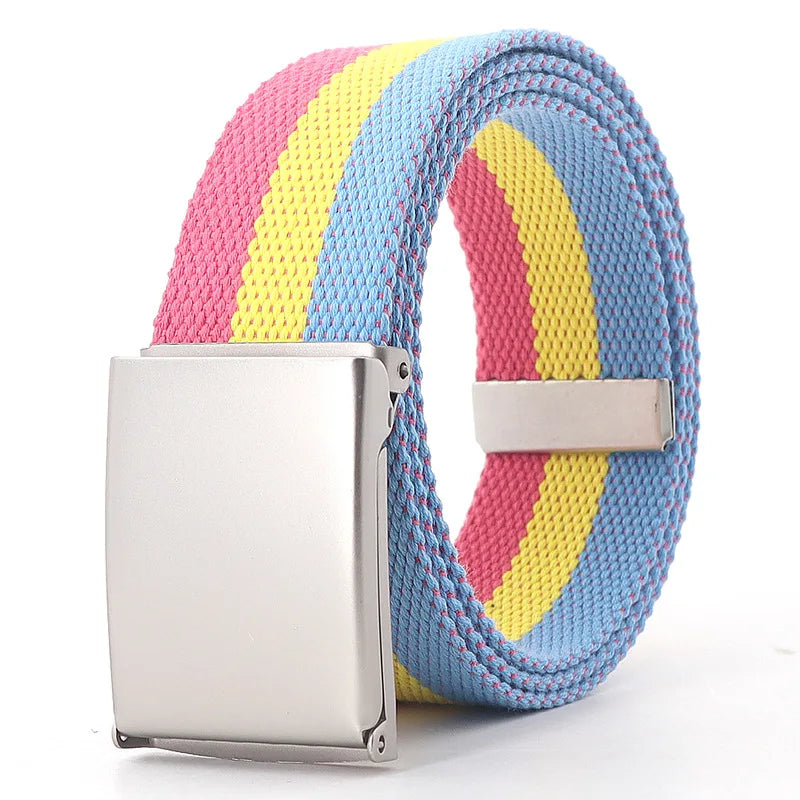 Colorful Striped Canvas Belt – Unisex Military Buckle Waistband (3.8cm x 120cm)