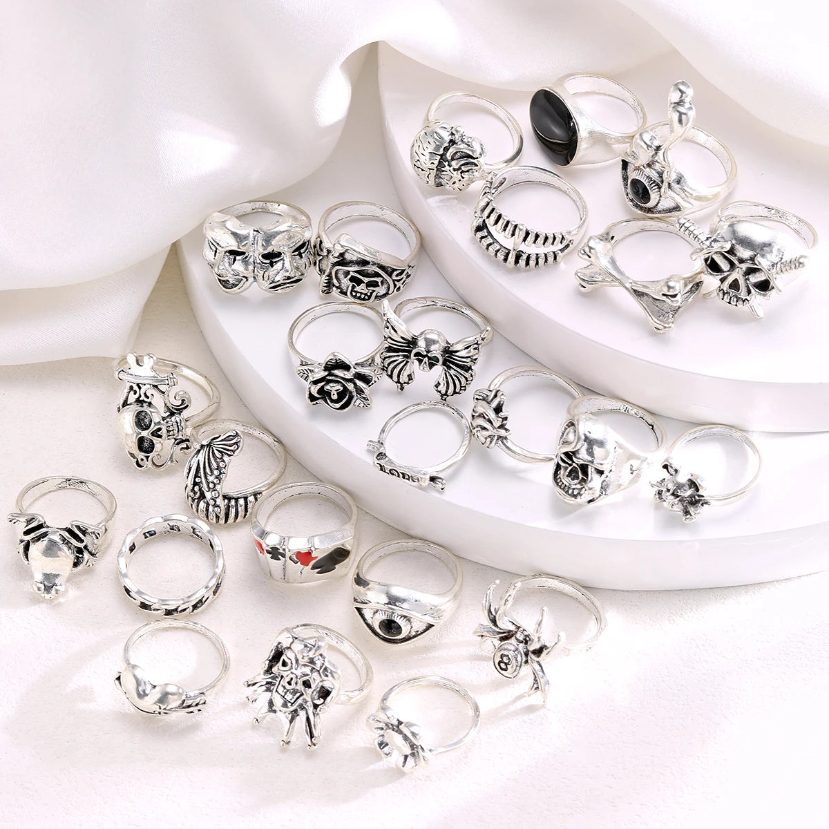 24 Piece Gothic Punk Ring Set for Men Skeleton Butterfly and Frog Jewelry
