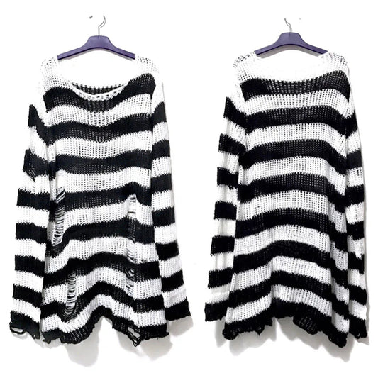 Women's Punk Gothic Hollow Out Sweater | Unisex Striped Loose Rock Dark Streetwear Top - G - Catoure Women's Punk Gothic Hollow Out Sweater | Unisex Striped Loose Rock Dark Streetwear Top