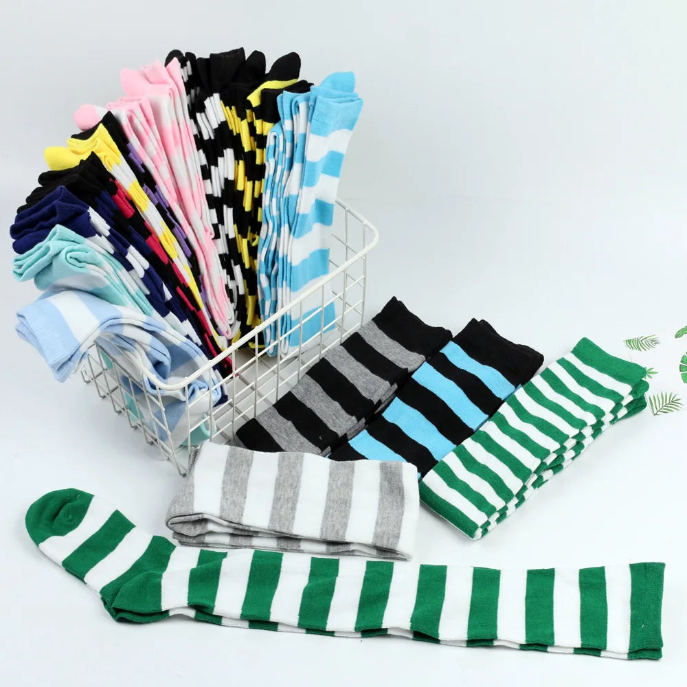 Women's Striped Thigh High Stockings | Black, White & Pink Over-Knee Lolita Harajuku Y2K Socks