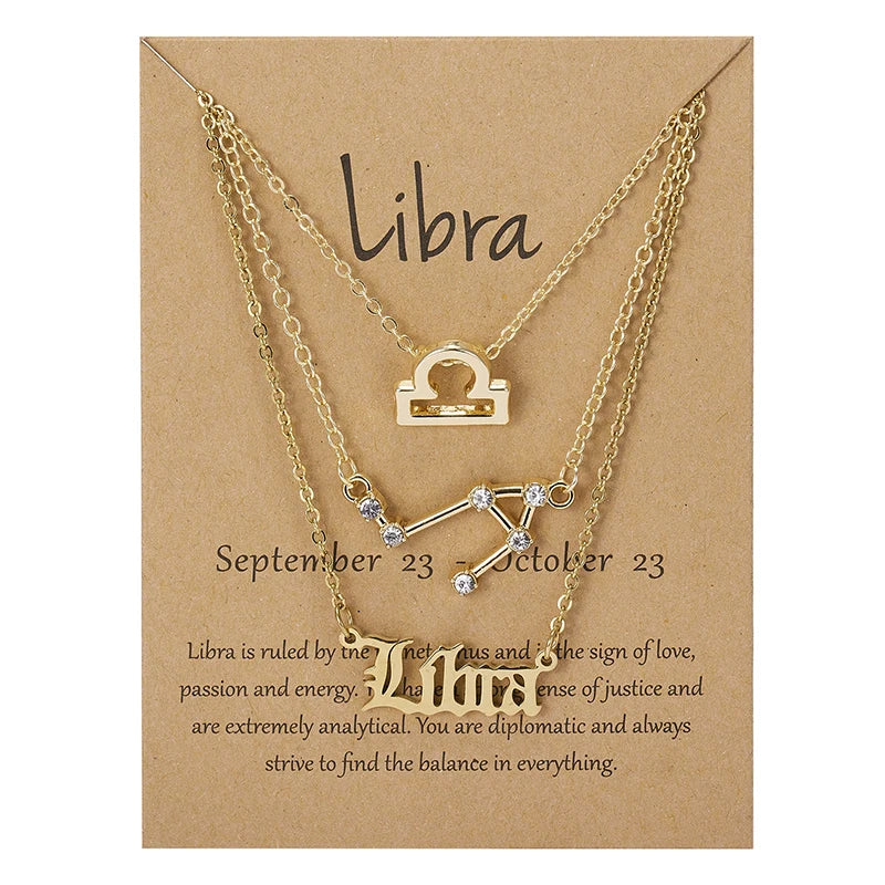 Women's 12 Zodiac Sign Necklace Set | 3pcs Constellation Pendant Choker Birthday Jewelry with Card