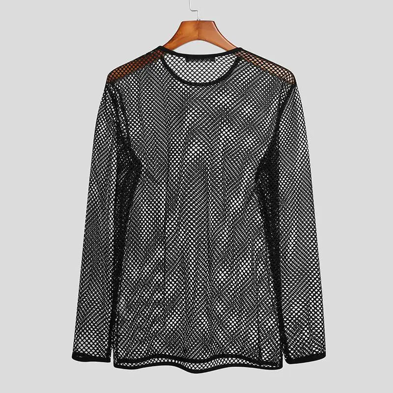 INCERUN Men's Mesh Transparent Long Sleeve T-Shirt – Streetwear Party Top | S–5XL