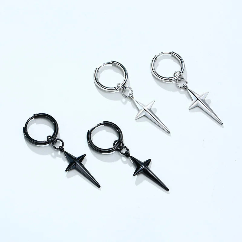 Men's Stainless Steel North Star Huggie Hoop Earrings | Piercing or Clip-On Cross Jewelry Gift
