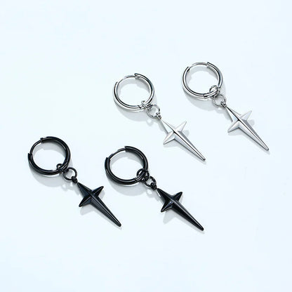Men's Stainless Steel North Star Huggie Hoop Earrings | Piercing or Clip-On Cross Jewelry Gift