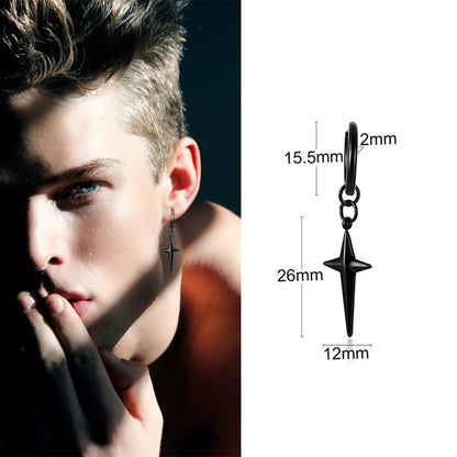 Men's Stainless Steel North Star Huggie Hoop Earrings | Piercing or Clip-On Cross Jewelry Gift