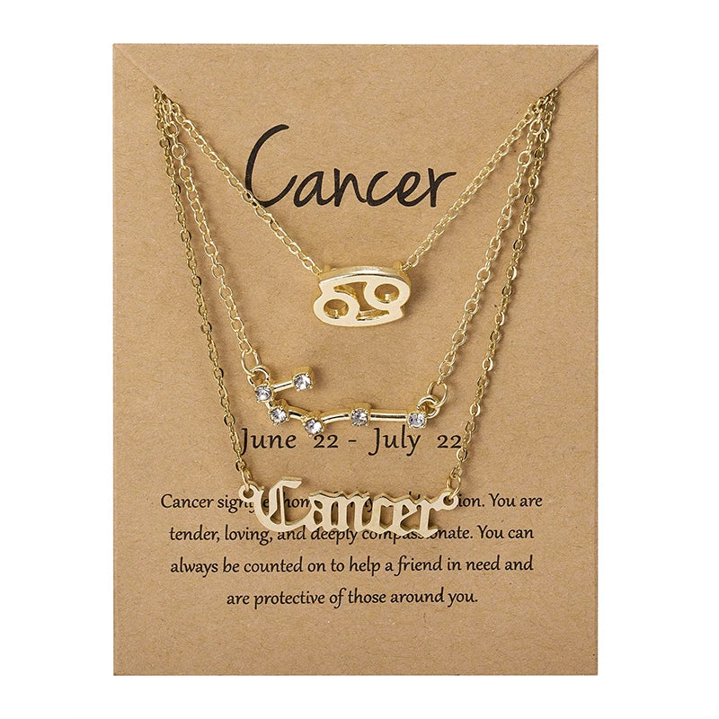 Women's 12 Zodiac Sign Necklace Set | 3pcs Constellation Pendant Choker Birthday Jewelry with Card