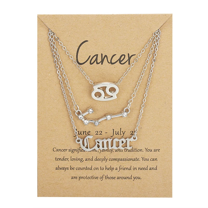 Women's 12 Zodiac Sign Necklace Set | 3pcs Constellation Pendant Choker Birthday Jewelry with Card