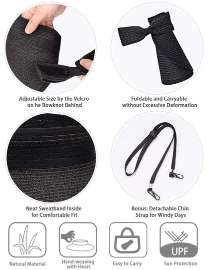 Women's Foldable Wide Brim Straw Beach Hat – UV Protection Sun Cap