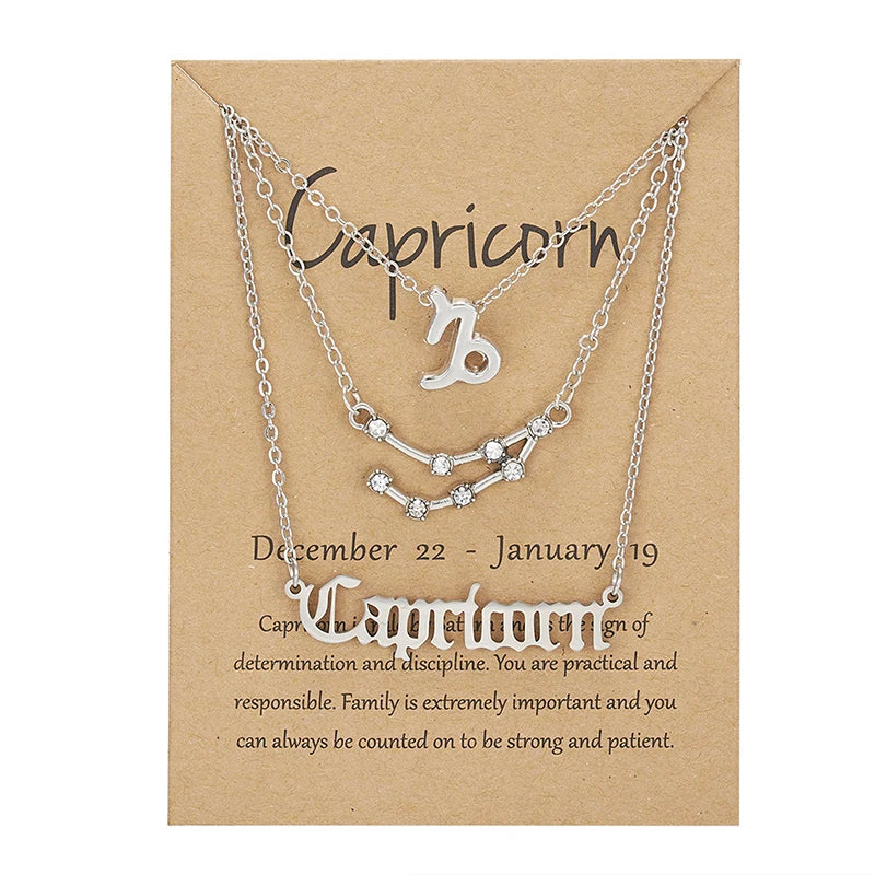 Women's 12 Zodiac Sign Necklace Set | 3pcs Constellation Pendant Choker Birthday Jewelry with Card
