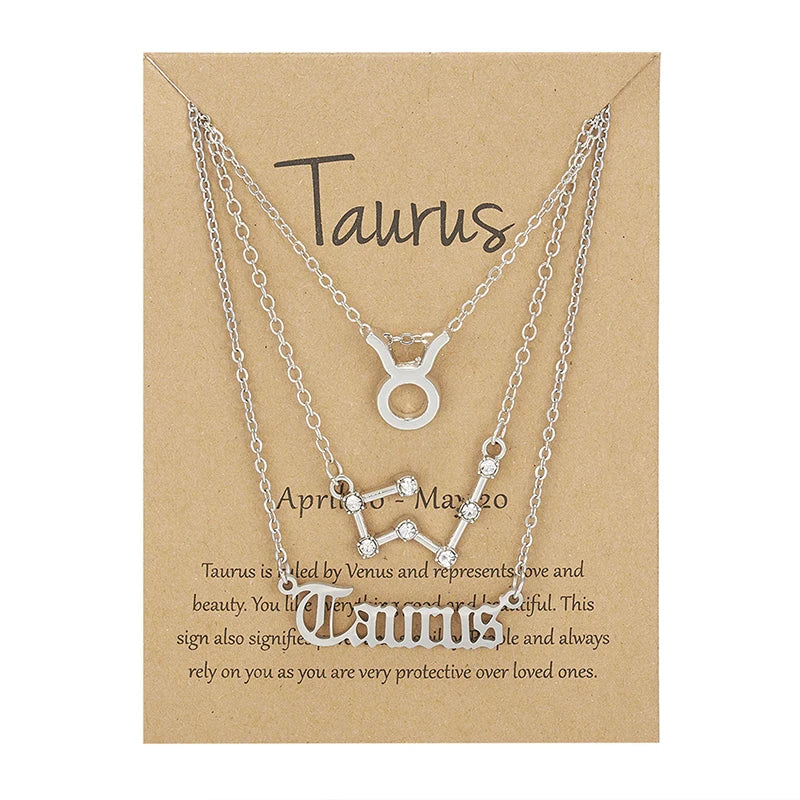 Women's 12 Zodiac Sign Necklace Set | 3pcs Constellation Pendant Choker Birthday Jewelry with Card