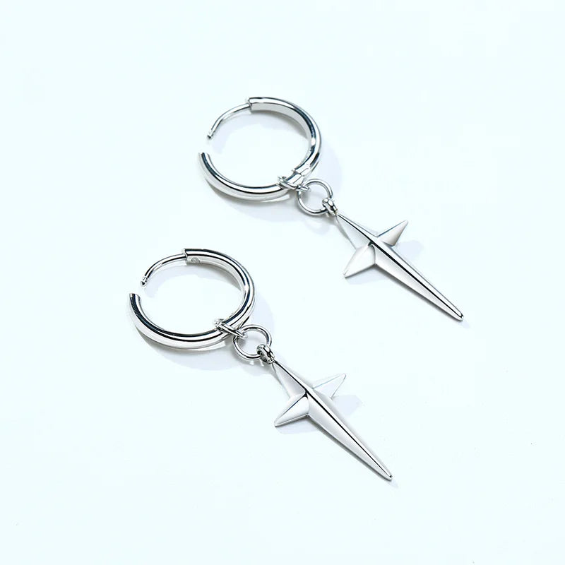 Men's Stainless Steel North Star Huggie Hoop Earrings | Piercing or Clip-On Cross Jewelry Gift