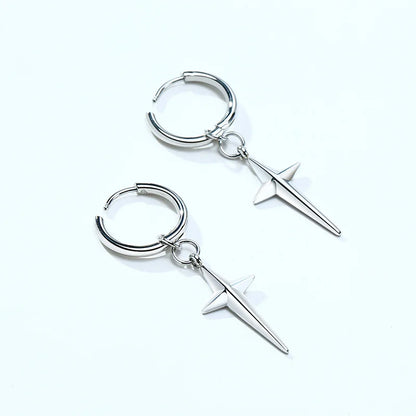 Men's Stainless Steel North Star Huggie Hoop Earrings | Piercing or Clip-On Cross Jewelry Gift