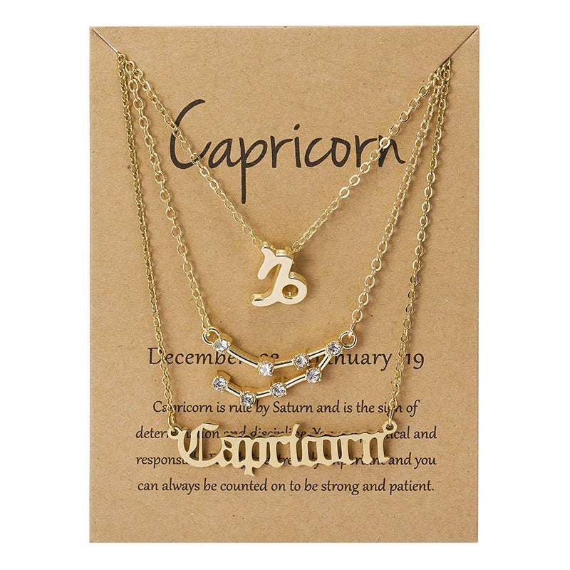 Women's 12 Zodiac Sign Necklace Set | 3pcs Constellation Pendant Choker Birthday Jewelry with Card