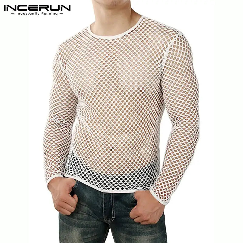 INCERUN Men's Mesh Transparent Long Sleeve T-Shirt – Streetwear Party Top | S–5XL