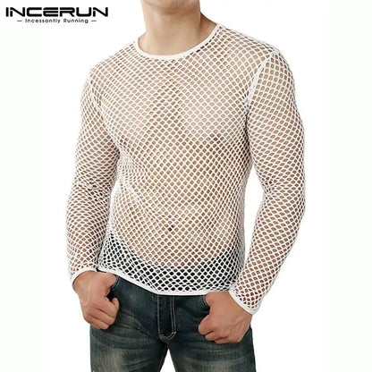 INCERUN Men's Mesh Transparent Long Sleeve T-Shirt – Streetwear Party Top | S–5XL