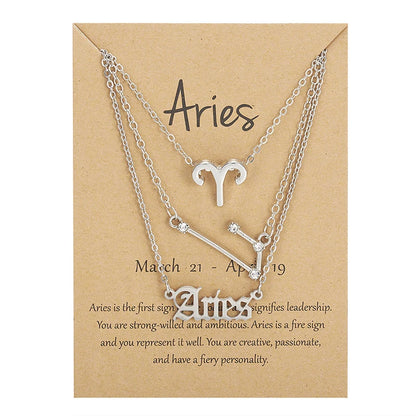 Women's 12 Zodiac Sign Necklace Set | 3pcs Constellation Pendant Choker Birthday Jewelry with Card