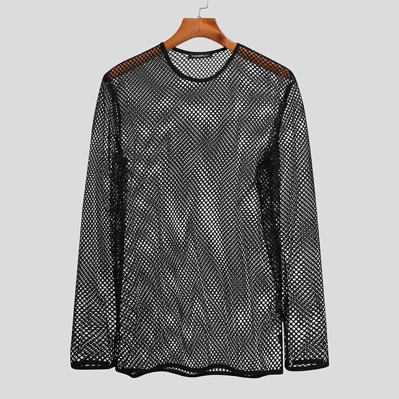 INCERUN Men's Mesh Transparent Long Sleeve T-Shirt – Streetwear Party Top | S–5XL
