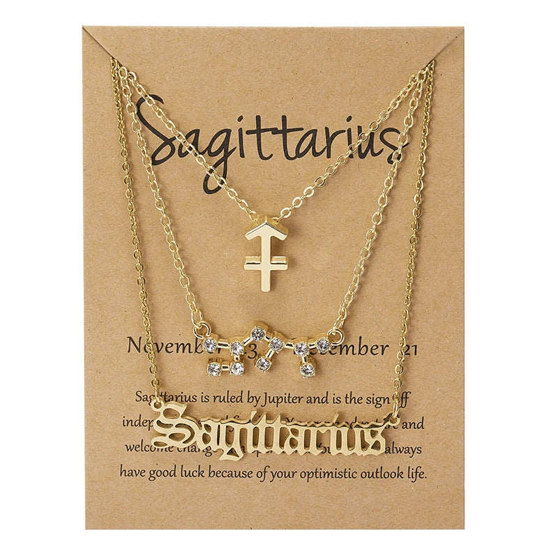 Women's 12 Zodiac Sign Necklace Set | 3pcs Constellation Pendant Choker Birthday Jewelry with Card