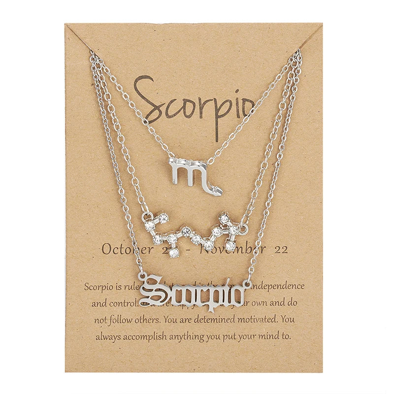 Women's 12 Zodiac Sign Necklace Set | 3pcs Constellation Pendant Choker Birthday Jewelry with Card