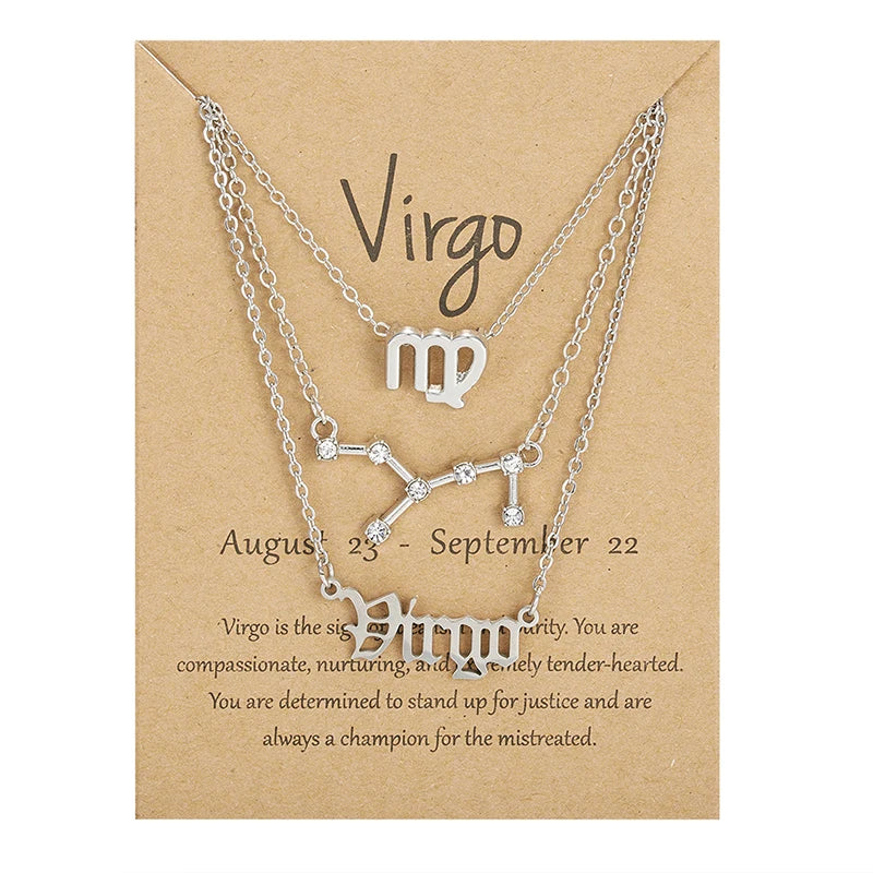 Women's 12 Zodiac Sign Necklace Set | 3pcs Constellation Pendant Choker Birthday Jewelry with Card