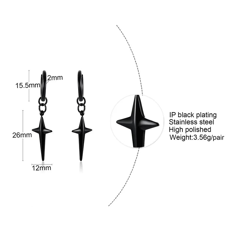 Men's Stainless Steel North Star Huggie Hoop Earrings | Piercing or Clip-On Cross Jewelry Gift