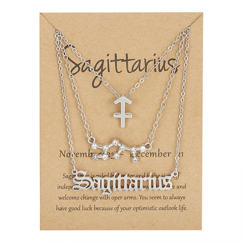 Women's 12 Zodiac Sign Necklace Set | 3pcs Constellation Pendant Choker Birthday Jewelry with Card