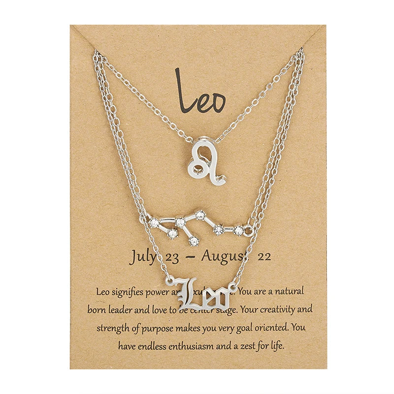 Women's 12 Zodiac Sign Necklace Set | 3pcs Constellation Pendant Choker Birthday Jewelry with Card