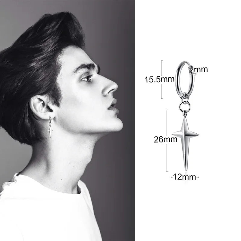 Men's Stainless Steel North Star Huggie Hoop Earrings | Piercing or Clip-On Cross Jewelry Gift