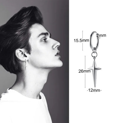 Men's Stainless Steel North Star Huggie Hoop Earrings | Piercing or Clip-On Cross Jewelry Gift