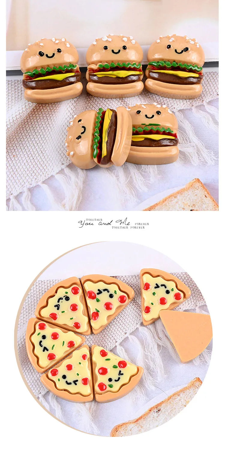 Hand-Painted Mini Pizza & Hamburger Resin Appliques | 10pcs Flat Back Miniature Food Decorations for DIY Crafts