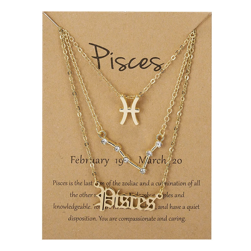 Women's 12 Zodiac Sign Necklace Set | 3pcs Constellation Pendant Choker Birthday Jewelry with Card