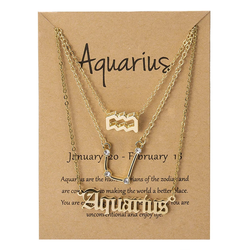 Women's 12 Zodiac Sign Necklace Set | 3pcs Constellation Pendant Choker Birthday Jewelry with Card