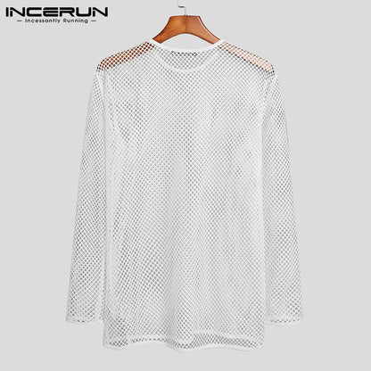 INCERUN Men's Mesh Transparent Long Sleeve T-Shirt – Streetwear Party Top | S–5XL