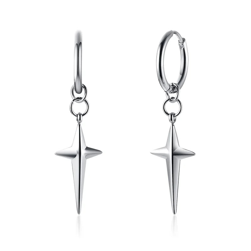 Men's Stainless Steel North Star Huggie Hoop Earrings | Piercing or Clip-On Cross Jewelry Gift