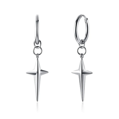 Men's Stainless Steel North Star Huggie Hoop Earrings | Piercing or Clip-On Cross Jewelry Gift