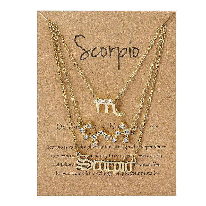 Women's 12 Zodiac Sign Necklace Set | 3pcs Constellation Pendant Choker Birthday Jewelry with Card