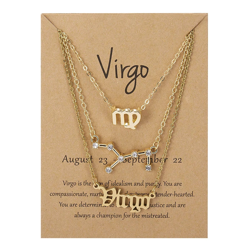 Women's 12 Zodiac Sign Necklace Set | 3pcs Constellation Pendant Choker Birthday Jewelry with Card