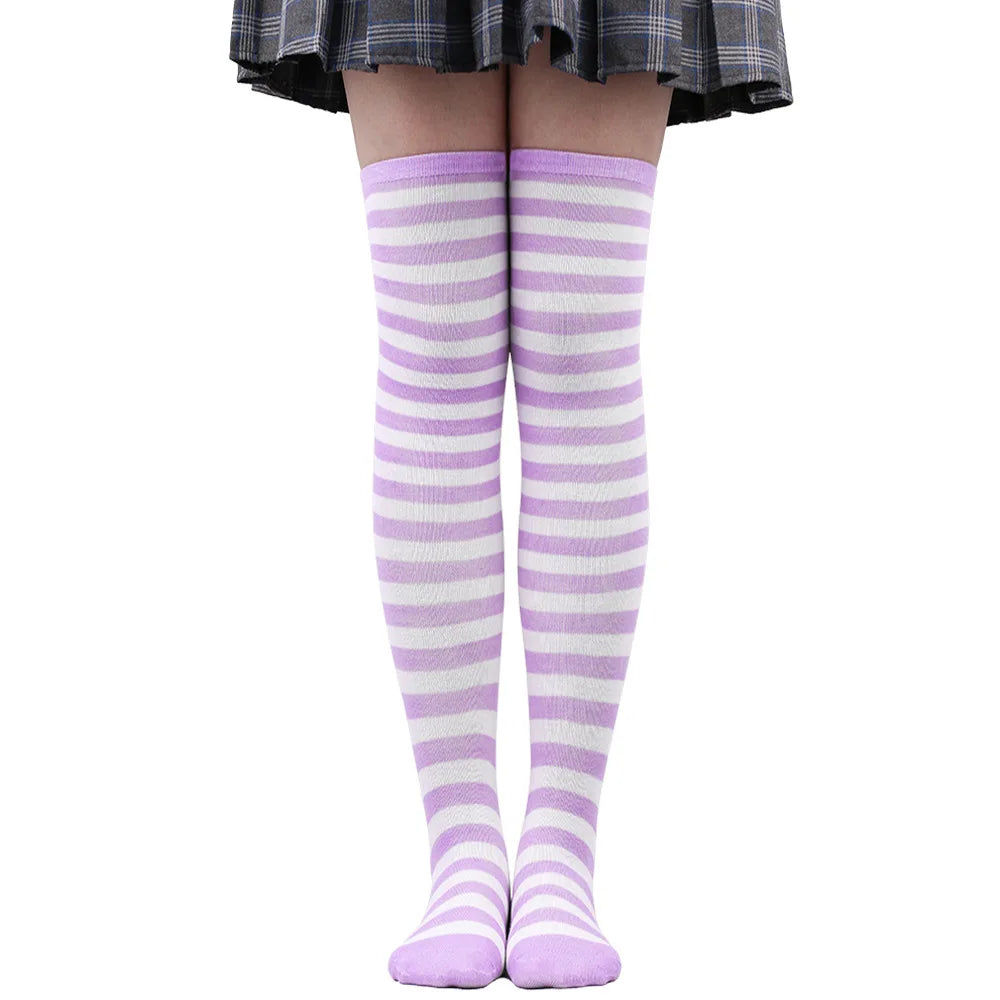 Women's Striped Thigh High Stockings | Black, White & Pink Over-Knee Lolita Harajuku Y2K Socks