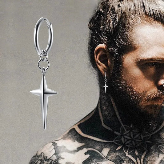 Men's Stainless Steel North Star Huggie Hoop Earrings | Piercing or Clip-On Cross Jewelry Gift