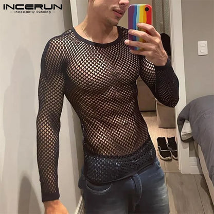INCERUN Men's Mesh Transparent Long Sleeve T-Shirt – Streetwear Party Top | S–5XL