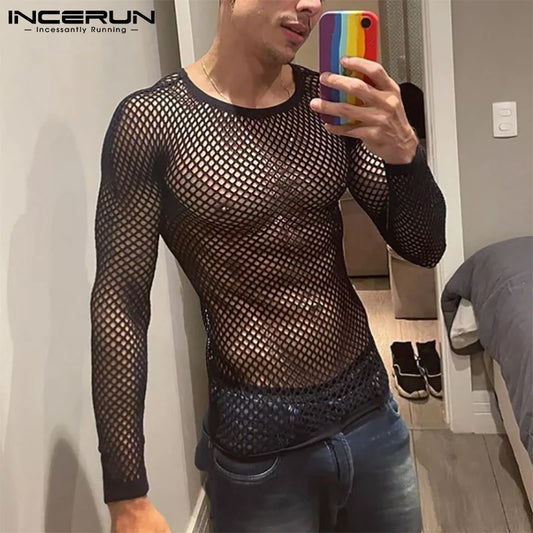 INCERUN Men's Mesh Transparent Long Sleeve T-Shirt – Streetwear Party Top | S–5XL