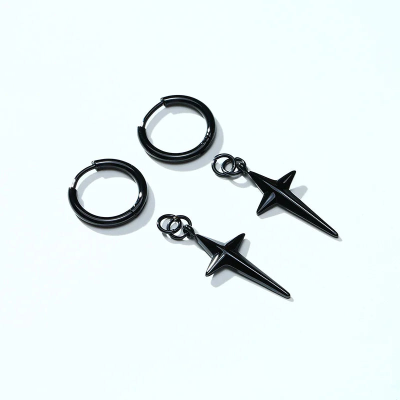 Men's Stainless Steel North Star Huggie Hoop Earrings | Piercing or Clip-On Cross Jewelry Gift