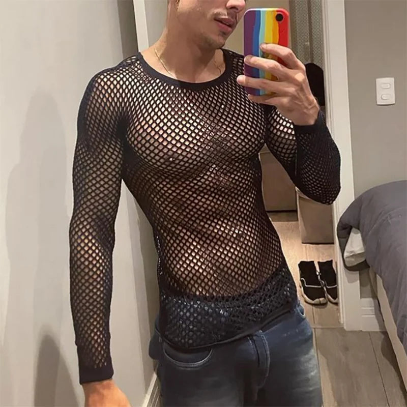 INCERUN Men's Mesh Transparent Long Sleeve T-Shirt – Streetwear Party Top | S–5XL