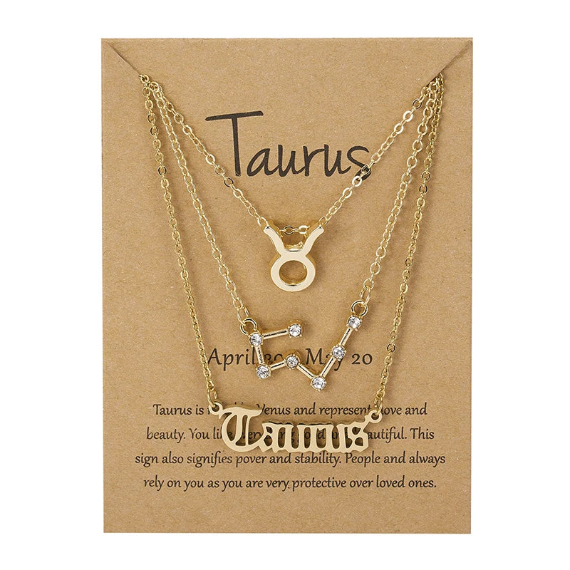 Women's 12 Zodiac Sign Necklace Set | 3pcs Constellation Pendant Choker Birthday Jewelry with Card