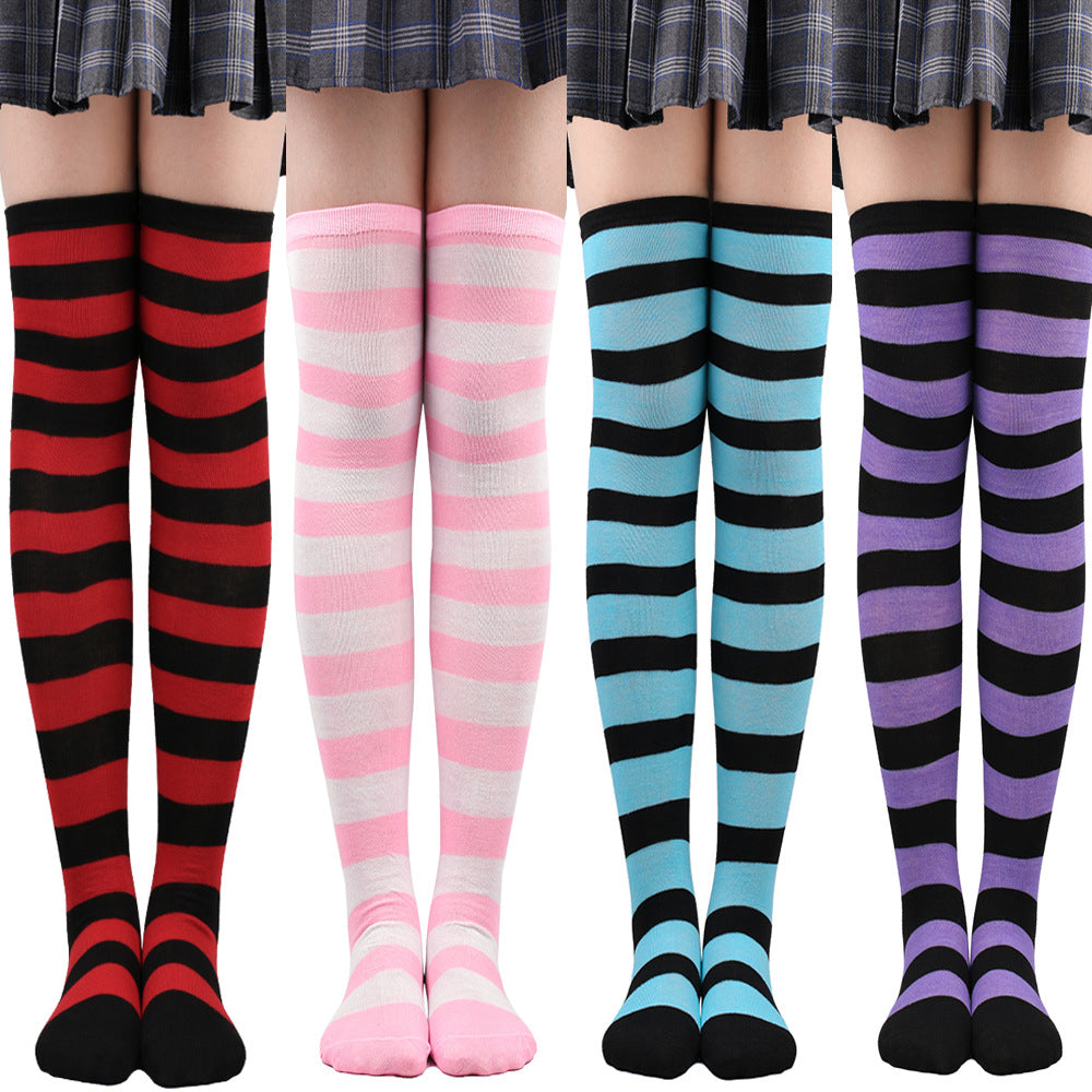 Women's Striped Thigh High Stockings | Black, White & Pink Over-Knee Lolita Harajuku Y2K Socks